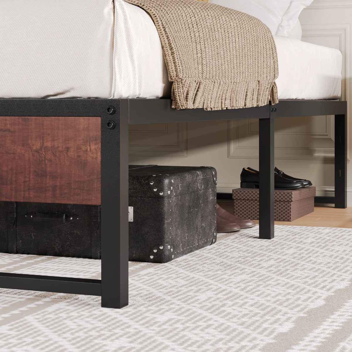 Brown King Size Metal Platform Bed Frame with Underbed Storage U2161