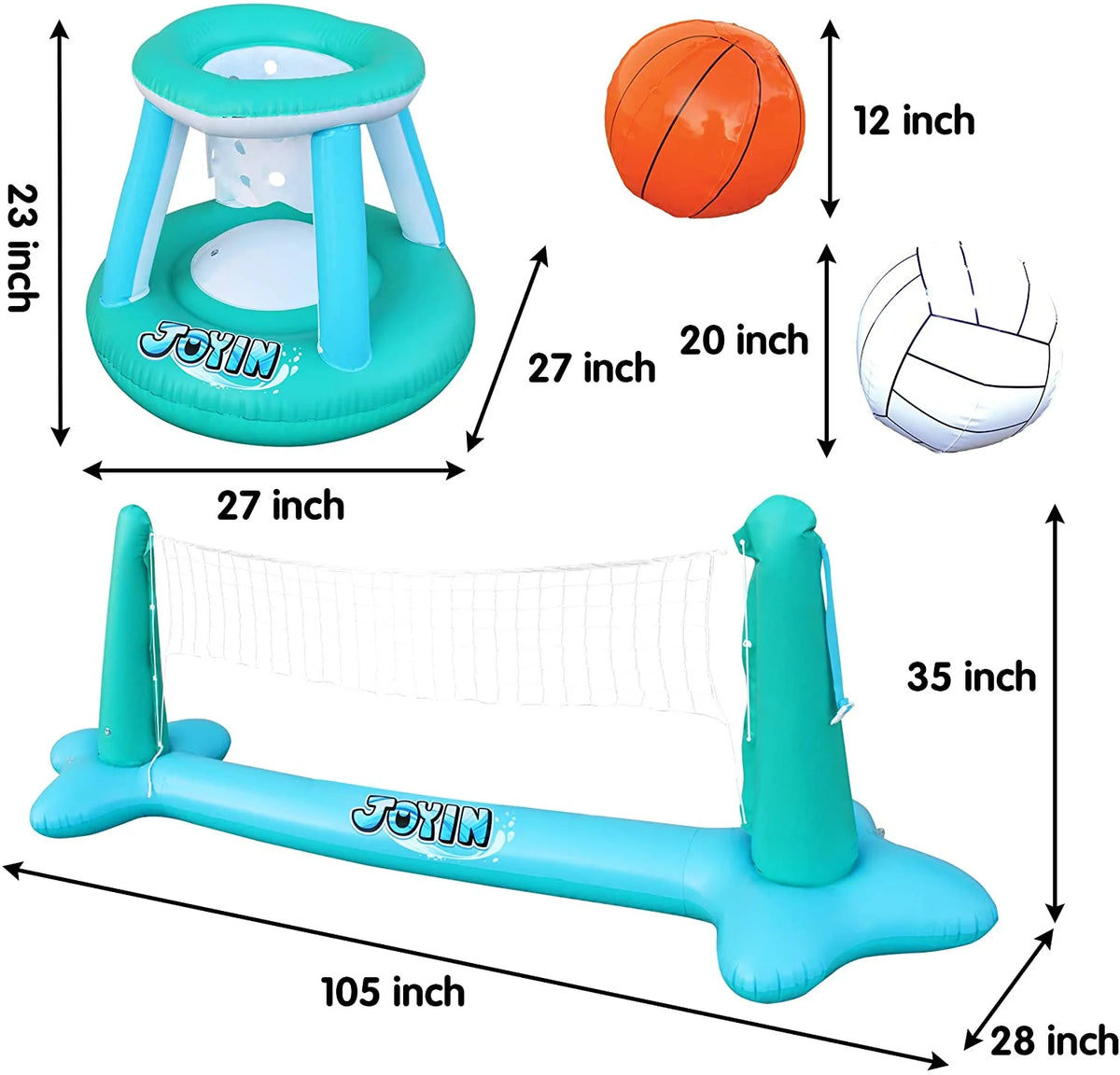 Inflatable Pool Float Set with Volleyball Net & Basketball Hoops Balls C7945