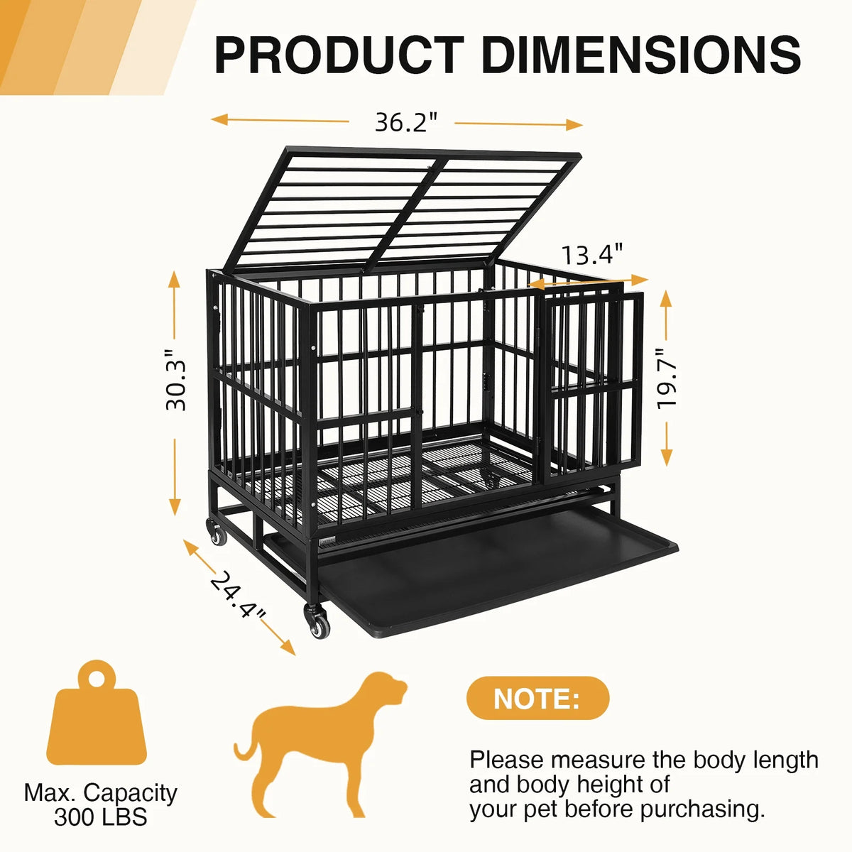 37" Heavy Duty Dog Crate Metal Cage with Removable Tray, Two Doors with Wheels I300129