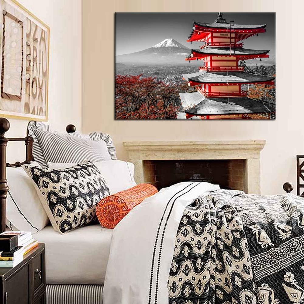 Black and White Photograph with Pop of Red on a Chinese Shrine Canvas Prints Wall Art Fall Landscape Photo to Canvas Giclee Artwork with Frame Ready to Hang Home Decor 24x36inch M1020