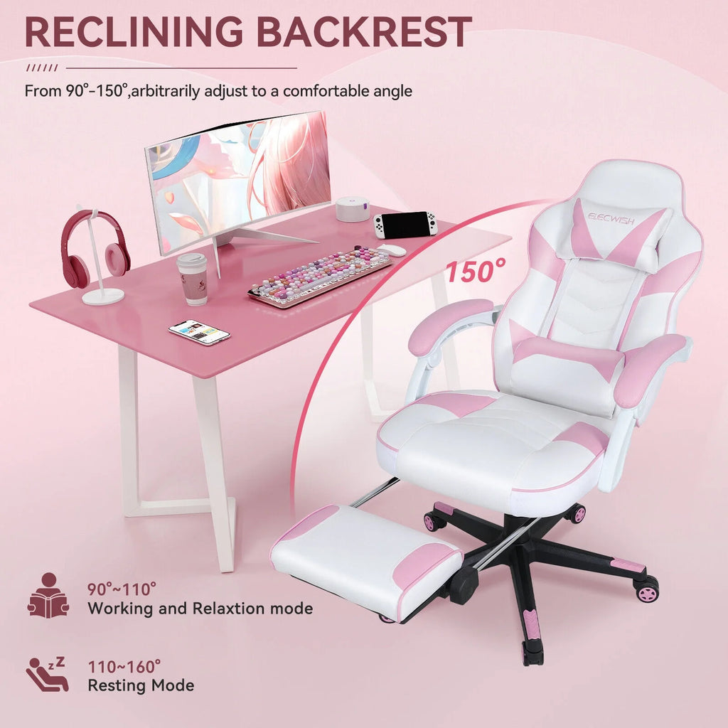 Pink Ergonomic Reclining Gaming Chair with Footrest K925833