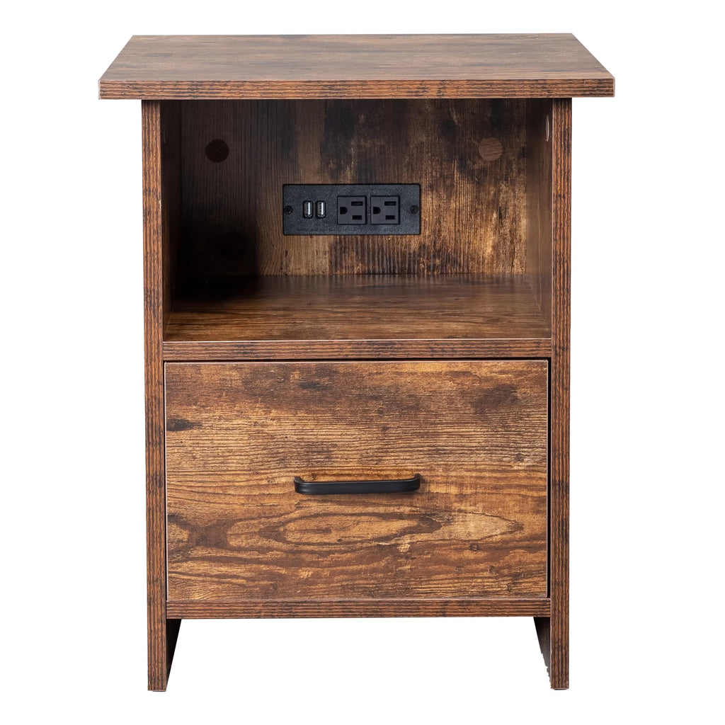 Vintage Nightstand with Charging Station, Industrial Bedside Cabinet G661