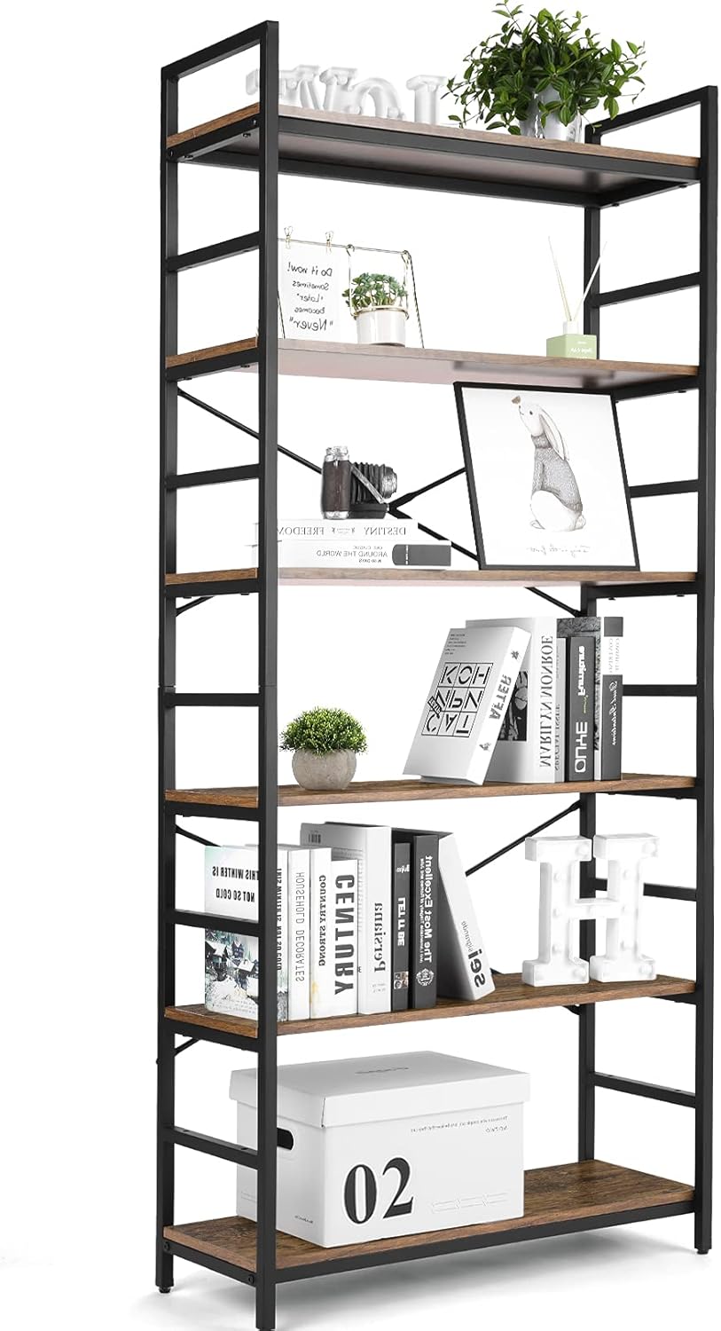 6-Tier Wood Top Bookshelf with Black Metal Frame N8661