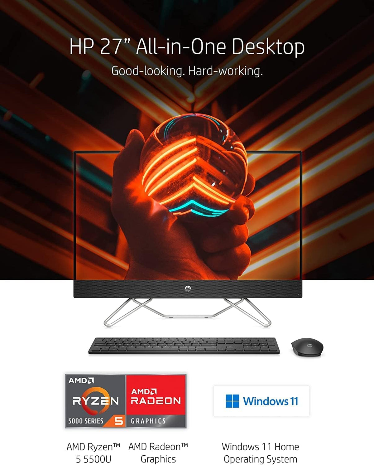 27" FHD All-in-One Desktop, AMD Ryzen 5 5500U, 8GB RAM, 256GB SSD+1TB HDD, Windows 11 Home, Black Q766874