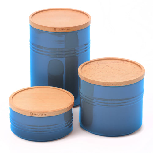 3 Piece Stoneware Canister with Wooden Lid Set P49964