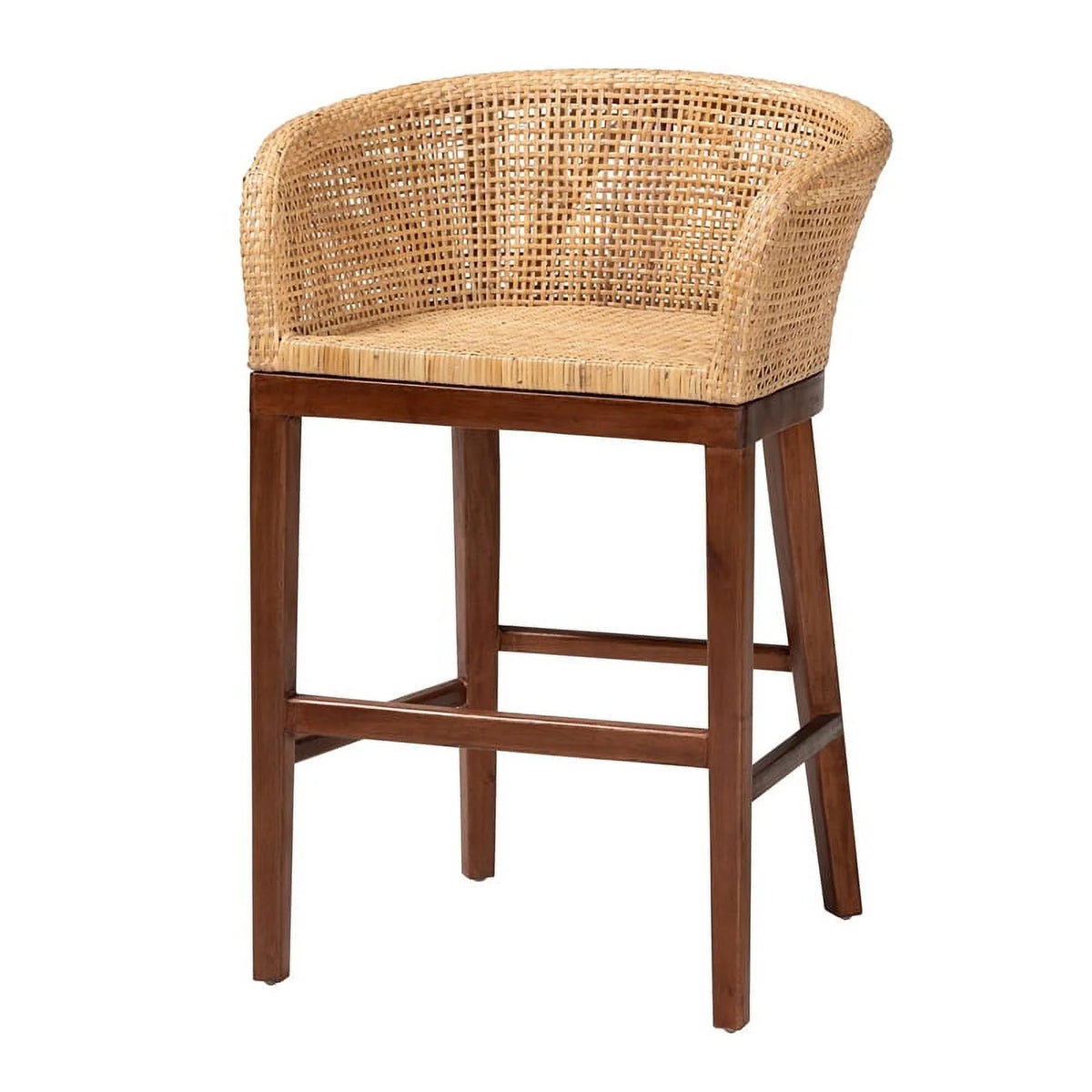 Natural Rattan and Walnut Brown Acacia Wood Counter Stool S49241