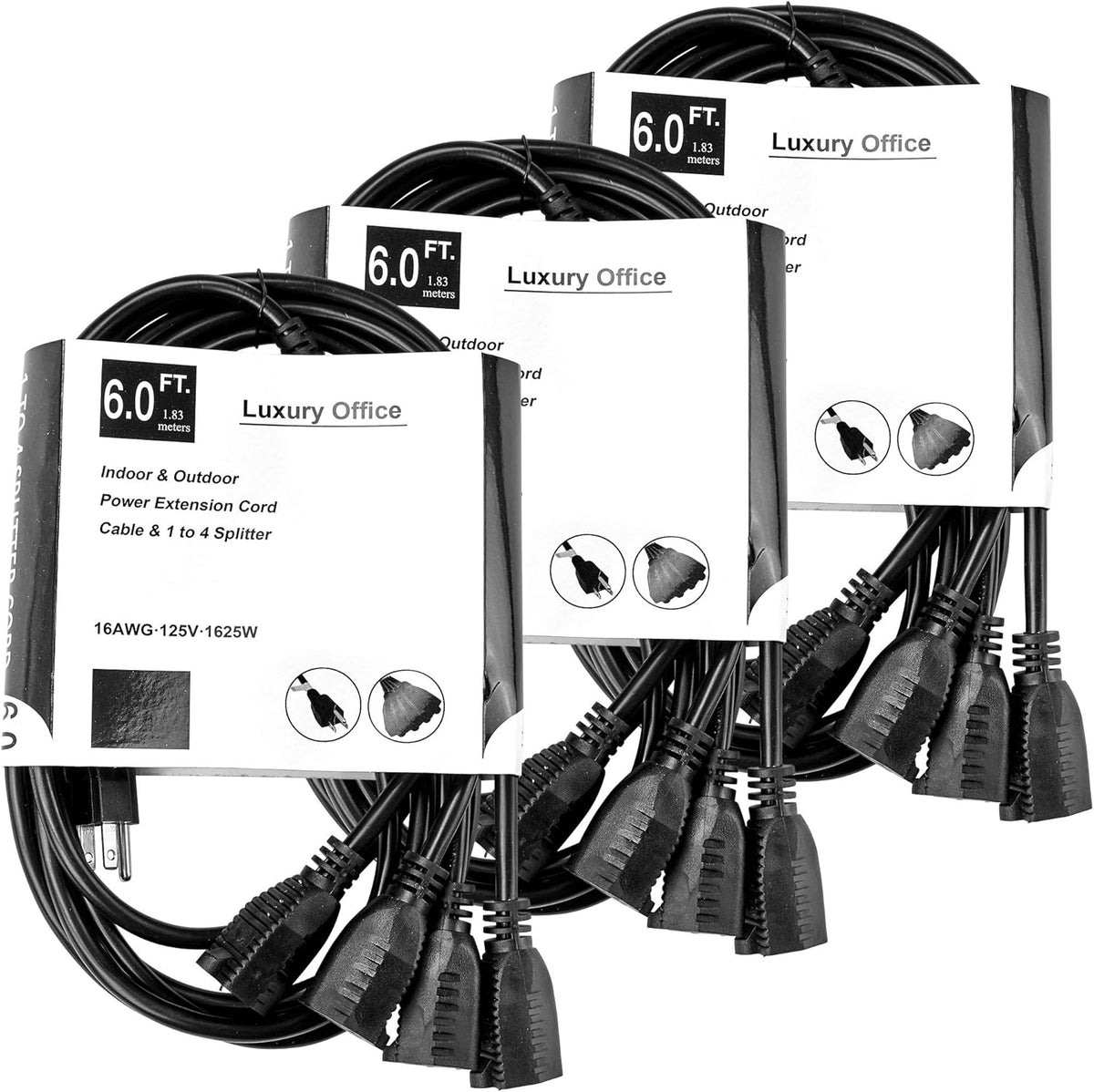 Black 3 Pack 12 ft 4 Way Power Splitter with 3 Pronged Outlet T340