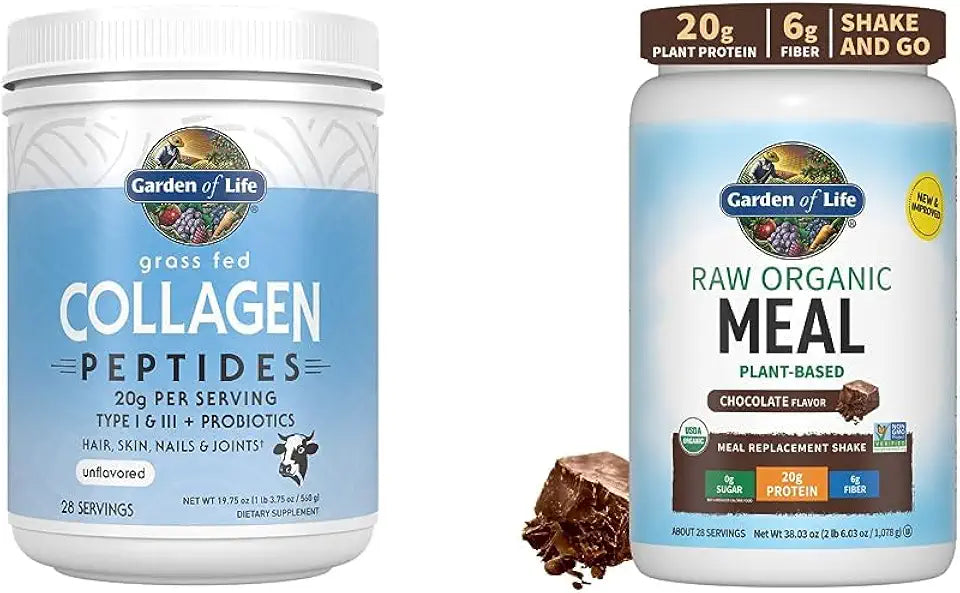 Hydrolyzed Collagen Protein Peptides Powder 19.75 Oz & Organic Chocolate Meal Replacement Shake Vegan 20g V585