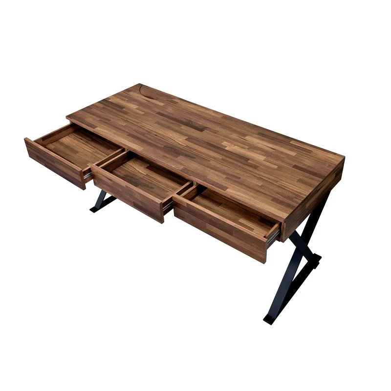 Oak and Black 3-Drawer Wood Writing Desk with USB D780882