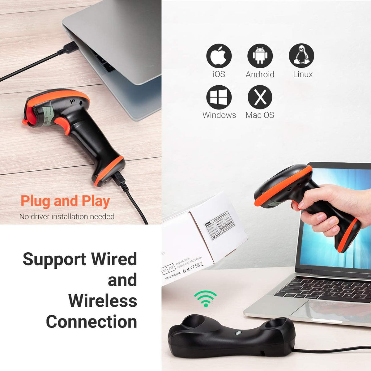 Wireless 1D 2D QR Barcode Scanner with Cradle Display Counting Screen Handheld Image Bar Code Reader V245268