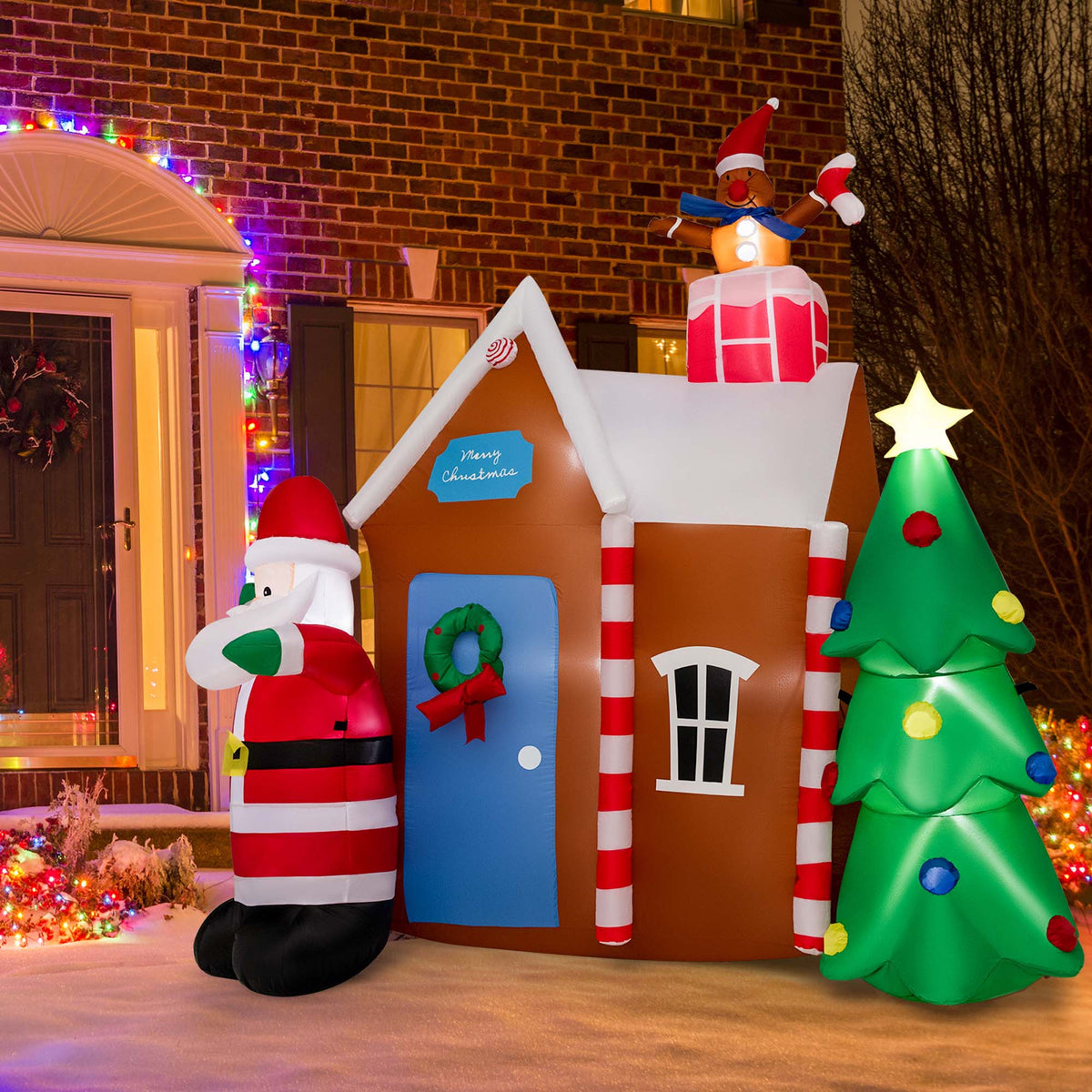 7 FT Inflatable Christmas Ginger House with Santa Claus Christmas Tree LED Lights P7264