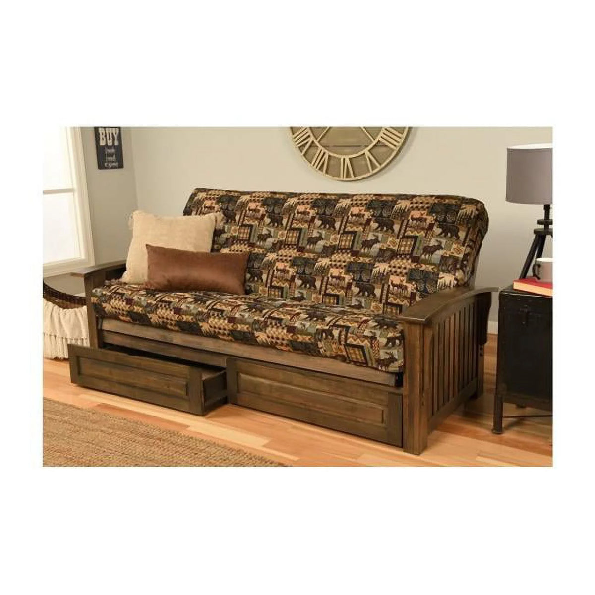 Walnut Full Size Futon Frame with Mattress & Storage Drawers C439822