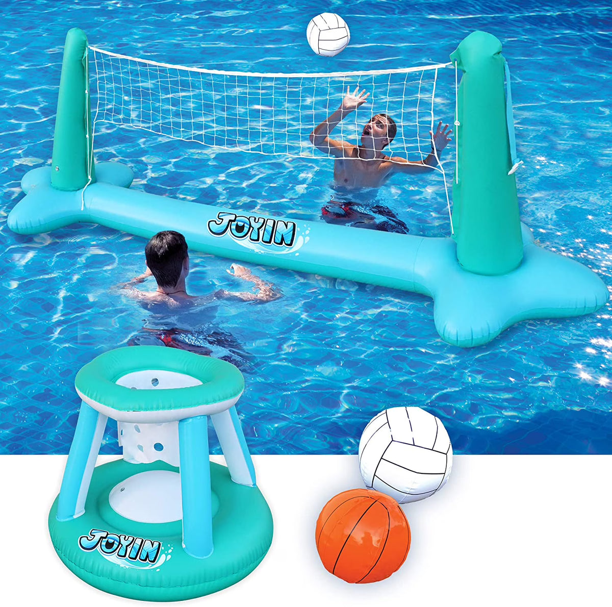 Inflatable Pool Float Set with Volleyball Net & Basketball Hoops Balls C7945