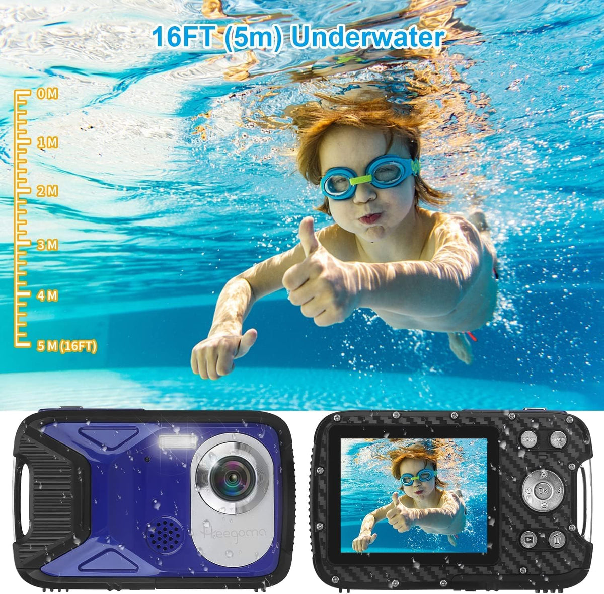 Waterproof Digital Camera 1080P 21MP HD Underwater Kids Camera with 2.8 LCD Screen 8X Digital Zoom Rechargeable Point and Shoot Camera I1962