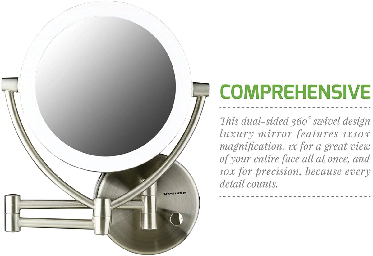 7.5" Lighted Wall Mount Double Sided Makeup Mirror 1X & 10X Magnifier Q9944