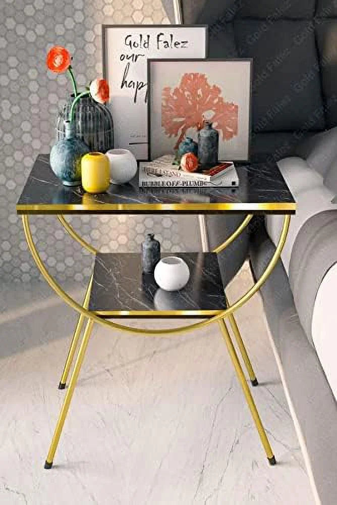 White Marble Nightstand with Gold Metal Legs H97287