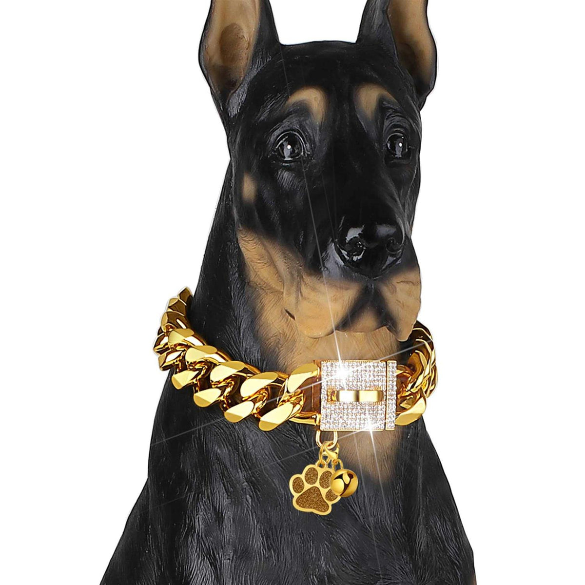 Gold CZ Buckle 19mm Cuban Link Dog Chain Collar E7663