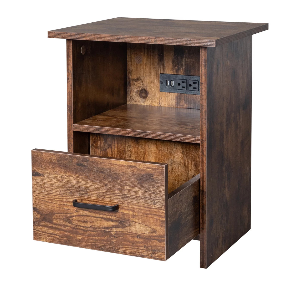 Vintage Nightstand with Charging Station, Industrial Bedside Cabinet G661