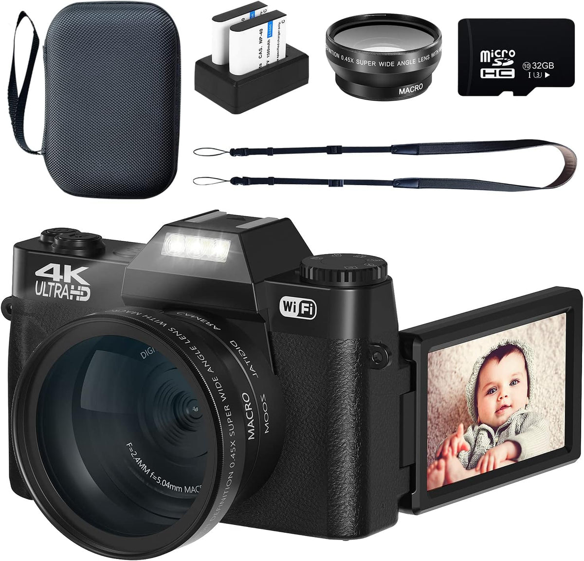 Black 4K 48MP Digital Camera with WiFi, 180° Flip Screen, 32GB SD Card, 2 Batteries T612100