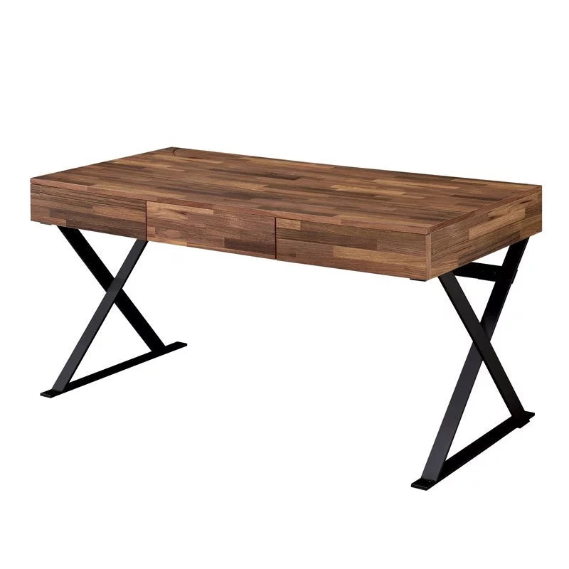 Oak and Black 3-Drawer Wood Writing Desk with USB D780882