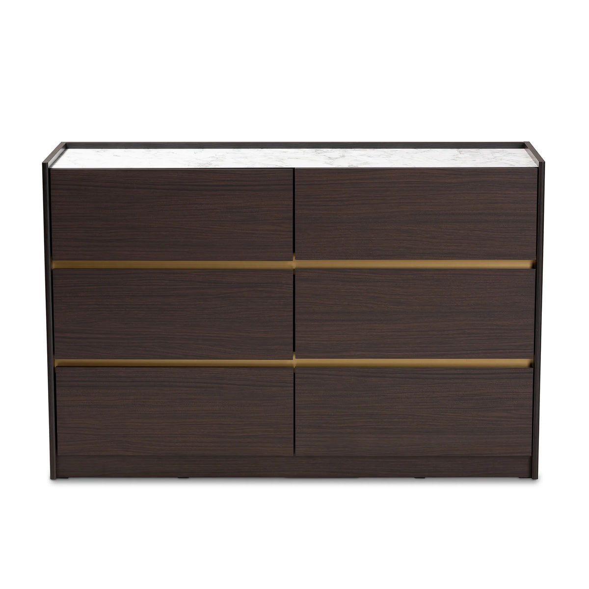 Dark Brown Gold Wood 6-Drawer Dresser with Faux Marble Top L3152