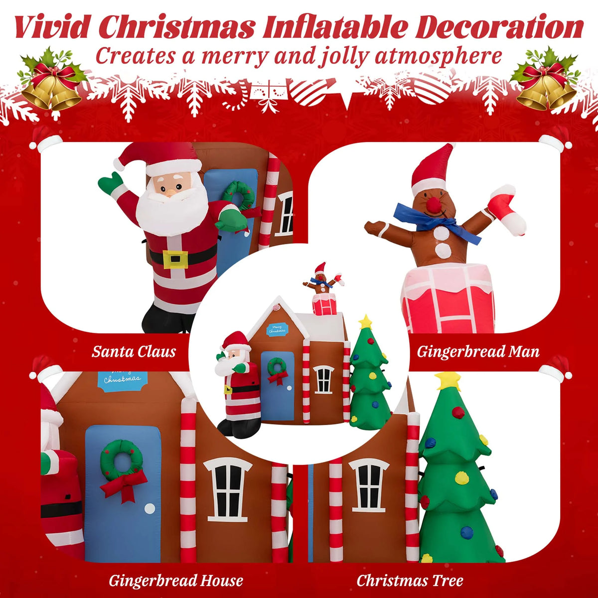 7 FT Inflatable Christmas Ginger House with Santa Claus Christmas Tree LED Lights P7264