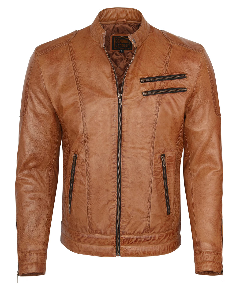 Camel Lambskin Leather Biker Jacket Size L A97877