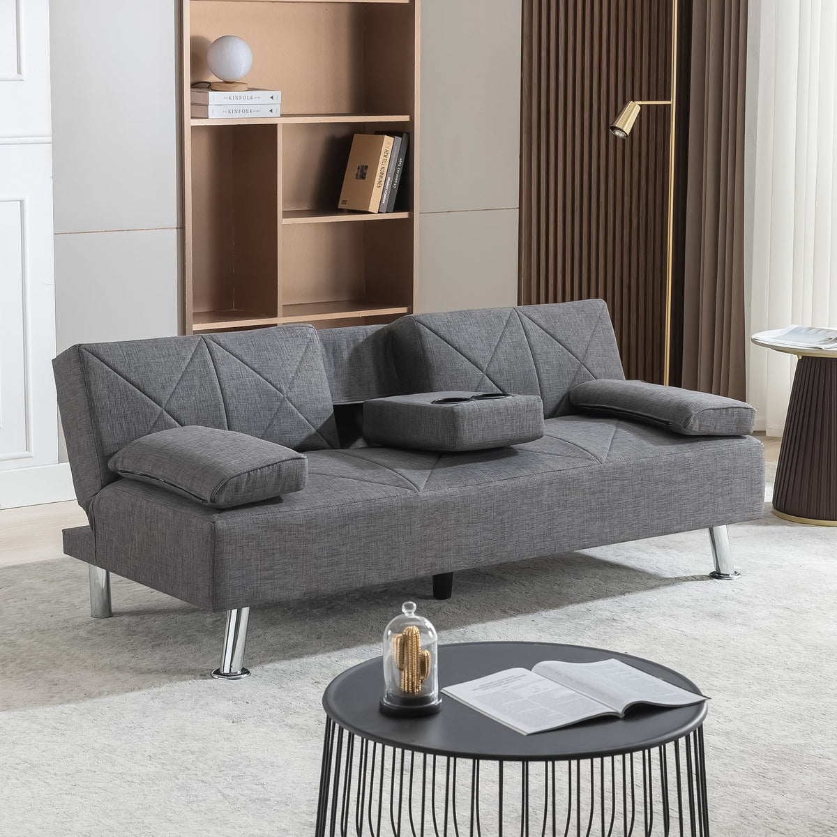 Gray Linen Convertible Folding Futon Sofa Bed with Removable Armrests R16984