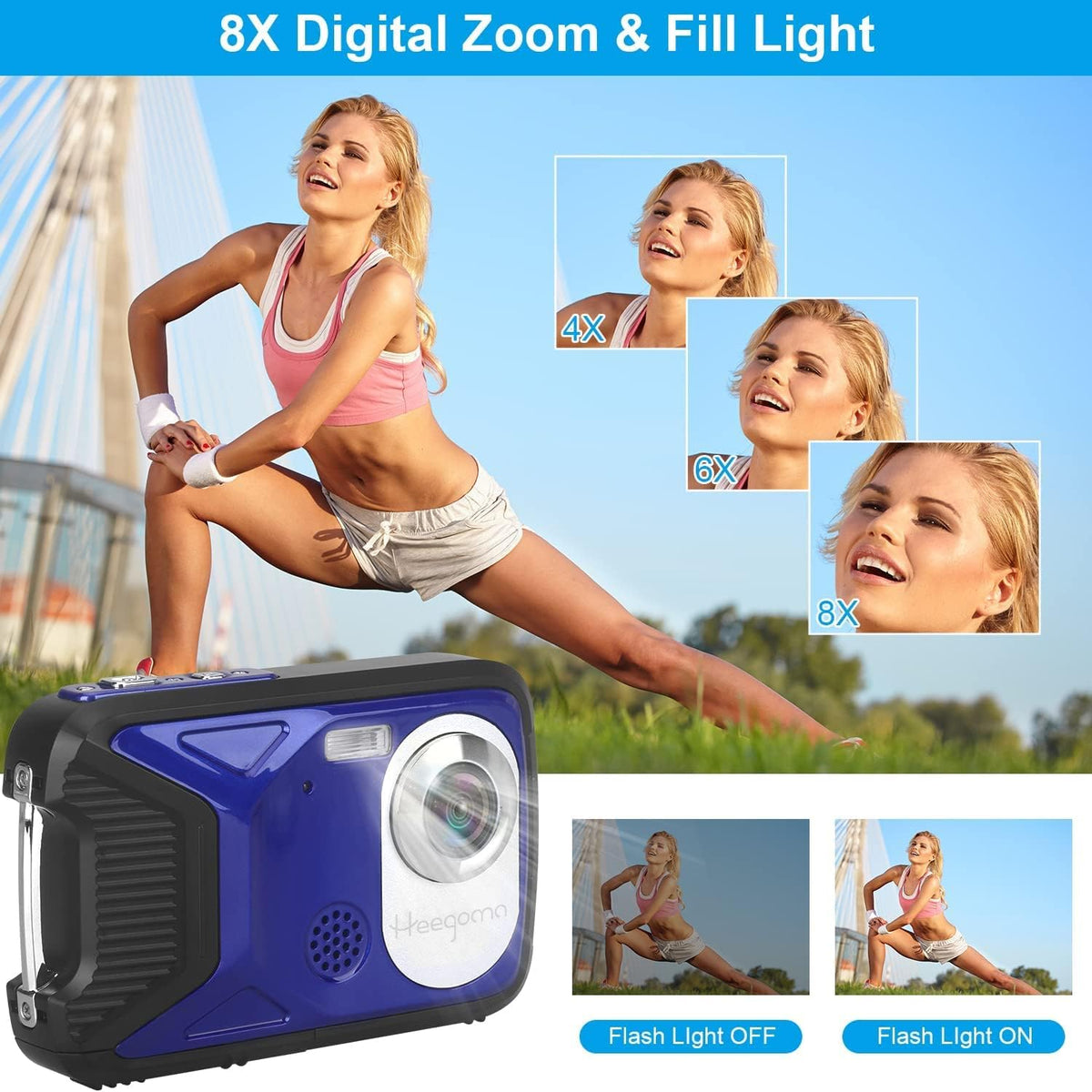 Waterproof Digital Camera 1080P 21MP HD Underwater Kids Camera with 2.8 LCD Screen 8X Digital Zoom Rechargeable Point and Shoot Camera I1962