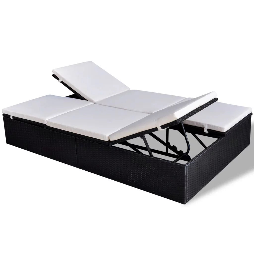 Double Chaise Lounge Chair 2-Person Poly Rattan Sun Lounger with Adjustable Cushion T12621